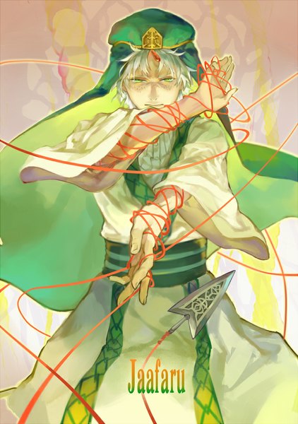 Anime picture 718x1020 with magi the labyrinth of magic a-1 pictures ja'far (magi) yuukaku single tall image looking at viewer short hair green eyes white hair inscription freckles boy weapon headdress thread red thread arabian clothes