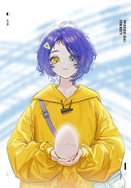 Anime picture 1400x1998 with wonder egg priority cloverworks ooto ai ange-yi single tall image looking at viewer short hair holding signed purple hair upper body copyright name heterochromia crack girl hairclip hood hoodie egg