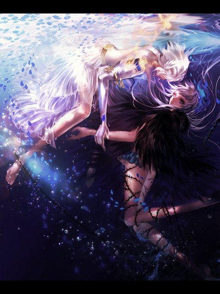 Anime picture 900x1200 with original mypower_53mnds long hair tall image looking at viewer fringe short hair blue eyes multiple girls white hair barefoot grey hair bare legs no shoes letterboxed underwater black wings girl dress skirt