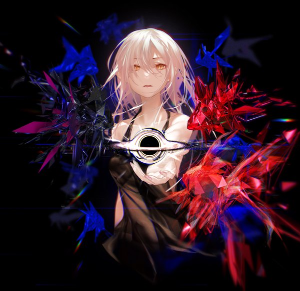 Anime picture 1920x1865 with original redjuice egoist single long hair looking at viewer fringe highres open mouth simple background blonde hair hair between eyes bare shoulders yellow eyes upper body parted lips outstretched arm girl dress black dress