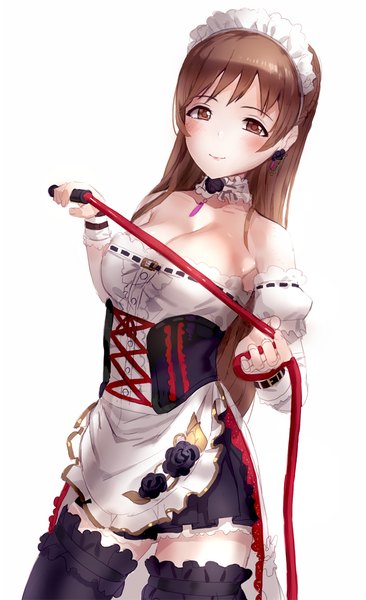 Anime picture 653x1070 with idolmaster idolmaster cinderella girls nitta minami kfr single long hair tall image blush breasts light erotic simple background smile brown hair large breasts standing white background holding brown eyes cleavage long sleeves