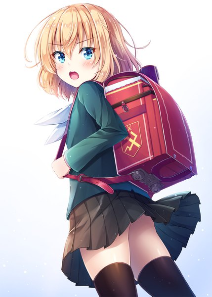 Anime picture 1100x1539 with girls und panzer katyusha (girls und panzer) akashio (loli ace) single tall image looking at viewer blush fringe short hair open mouth blue eyes light erotic simple background blonde hair hair between eyes standing pleated skirt looking back gradient background skirt flip