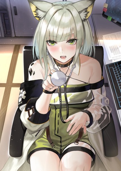 Anime picture 868x1228 with arknights kal'tsit (arknights) deras single tall image looking at viewer blush fringe short hair open mouth sitting bare shoulders holding green eyes animal ears indoors blunt bangs green hair from above sunlight