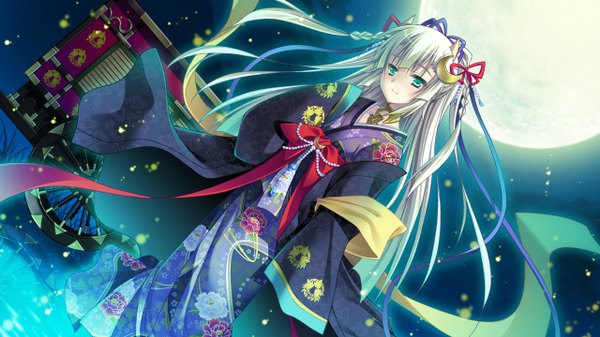 Anime picture 1280x720 with kisaragi gold star (game) long hair blonde hair wide image green eyes game cg girl moon