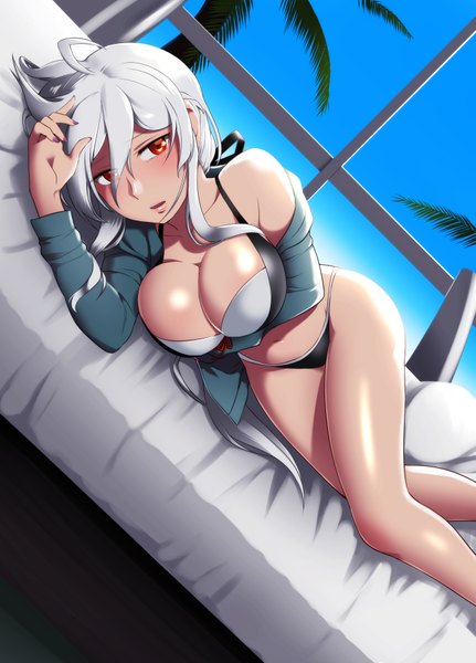 Anime picture 1323x1840 with vocaloid yowane haku caffein single long hair tall image looking at viewer blush breasts open mouth light erotic red eyes large breasts bare shoulders sky cleavage nail polish grey hair bare belly on side