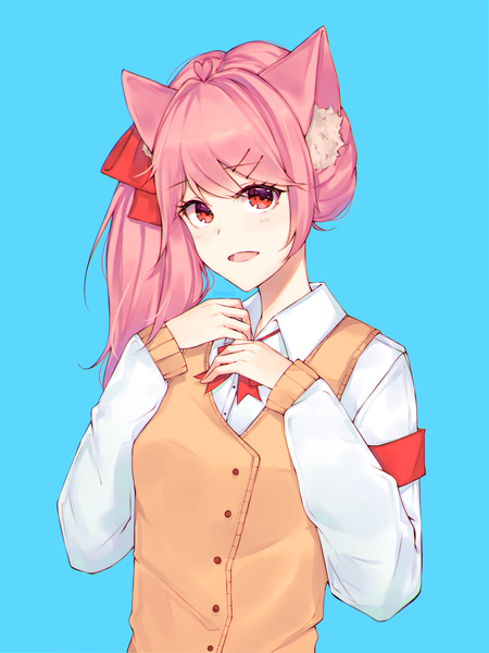 Anime picture 1500x2000 with original jinkkap single long hair tall image looking at viewer blush fringe open mouth simple background red eyes animal ears pink hair upper body long sleeves fox ears side ponytail portrait blue background girl