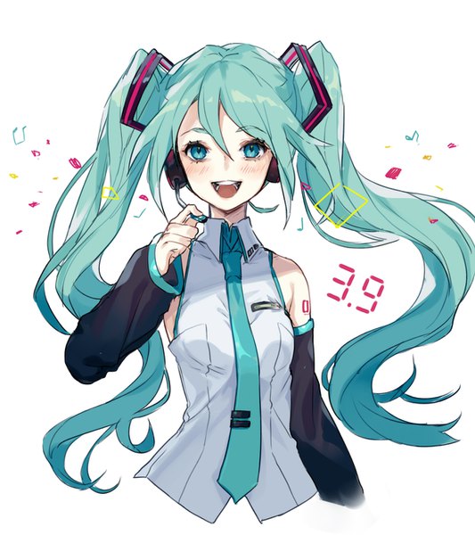 Anime picture 1200x1350 with vocaloid hatsune miku yuu (higashi no penguin) single long hair tall image blush fringe open mouth simple background hair between eyes white background twintails bare shoulders upper body aqua eyes aqua hair 39 girl detached sleeves