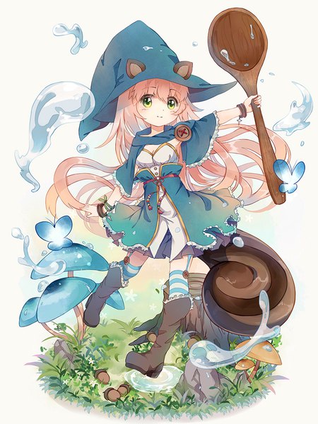 Anime picture 800x1067 with merc storia ivy1993 single long hair tall image looking at viewer blush fringe holding green eyes animal ears pink hair full body tail animal tail light smile wind wide sleeves outstretched arm squirrel tail