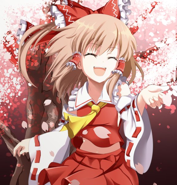 Anime picture 2649x2755 with touhou hakurei reimu eo (artist) single long hair tall image fringe highres open mouth brown hair eyes closed traditional clothes cherry blossoms happy ^ ^ ^o^ girl skirt hair ornament bow