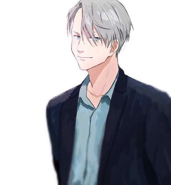 Anime picture 768x835 with yuri!!! on ice mappa viktor nikiforov arashi (boom sate225) single tall image looking at viewer fringe short hair blue eyes simple background hair between eyes white background upper body light smile grey hair blurry hair over one eye boy shirt