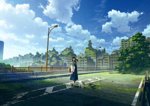 Anime picture 1400x990 with original mocha (cotton) single long hair black hair standing signed sky cloud (clouds) full body outdoors wind city looking up cityscape landscape scenic overgrown girl dress