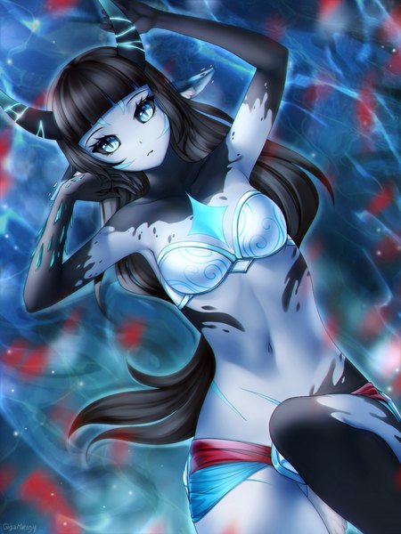 Anime picture 750x1000 with original gigamessy single long hair tall image looking at viewer fringe breasts blue eyes light erotic black hair bare shoulders signed cleavage bent knee (knees) lying blunt bangs parted lips horn (horns) from above