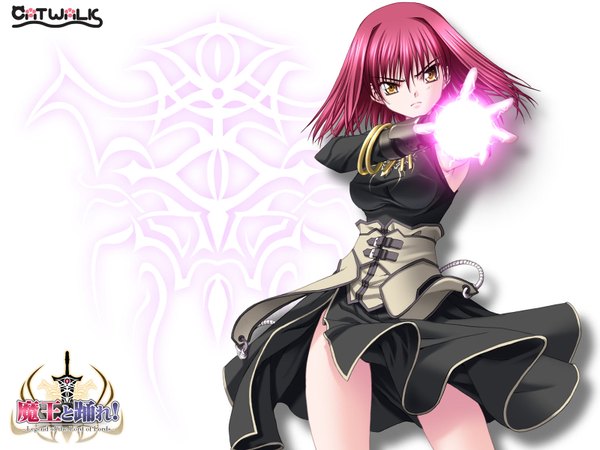 Anime picture 1600x1200 with maou to odore! wicca amurita single looking at viewer fringe short hair yellow eyes pink hair wallpaper legs outstretched arm magic girl dress bracelet