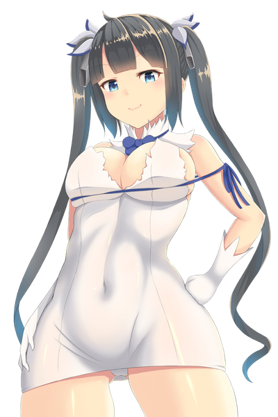 Anime picture 800x1200 with dungeon ni deai wo motomeru no wa machigatteiru darou ka j.c. staff hestia (danmachi) zukky single long hair tall image looking at viewer breasts blue eyes light erotic black hair smile twintails cleavage pantyshot covered navel transparent background rei no himo girl