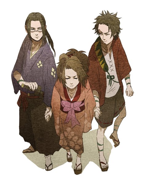 Anime picture 1034x1316 with samurai champloo mugen (samurai champloo) jinnosuke fuu (samurai champloo) konaka long hair tall image short hair black hair simple background brown hair white background eyes closed traditional clothes japanese clothes black eyes multiple boys tattoo girl boy