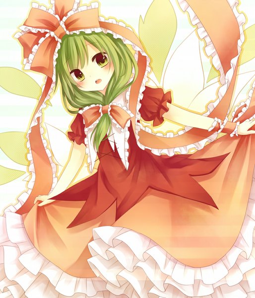 Anime picture 900x1051 with touhou kagiyama hina amane kurumi single long hair tall image looking at viewer blush open mouth green eyes green hair dutch angle girl dress ribbon (ribbons) hair ribbon frills