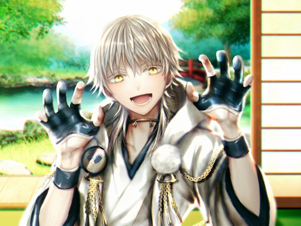 Anime picture 1200x903 with touken ranbu nitroplus tsurumaru kuninaga abandon ranka single long hair looking at viewer fringe open mouth smile hair between eyes yellow eyes silver hair upper body traditional clothes japanese clothes boy gloves pom pom (clothes) partly fingerless gloves