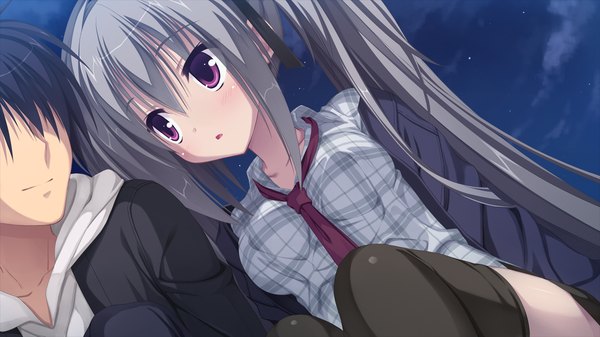 Anime picture 1280x720 with dracu-riot! yuzusoft elena olegovna owen long hair red eyes wide image twintails game cg silver hair girl thighhighs boy ribbon (ribbons) black thighhighs hair ribbon necktie