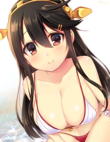 Anime picture 1098x1411 with kantai collection haruna battleship navy (navy.blue) single long hair tall image looking at viewer blush fringe breasts light erotic black hair simple background smile hair between eyes large breasts white background bare shoulders brown eyes signed