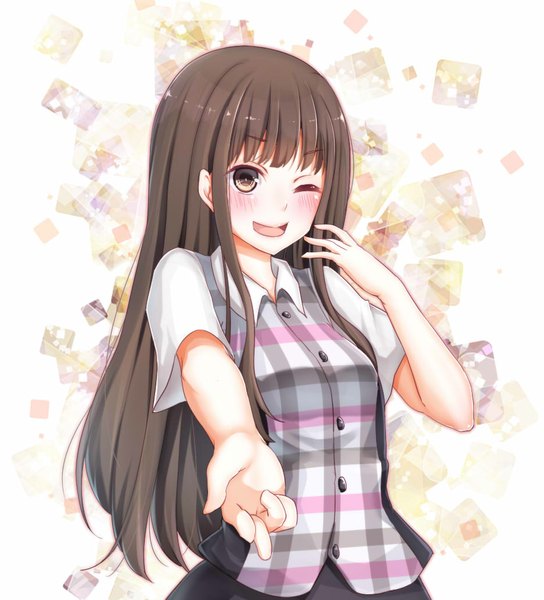 Anime picture 936x1032 with original itsumo tchan single long hair tall image looking at viewer blush open mouth black hair brown eyes one eye closed wink girl shirt
