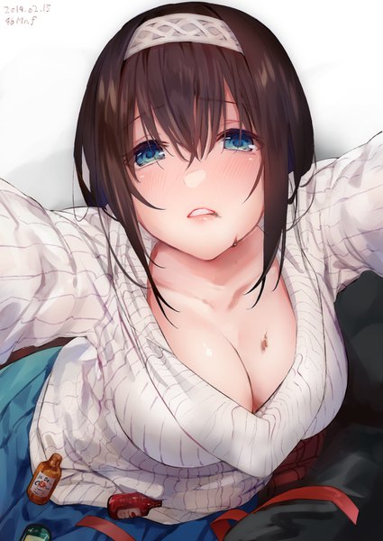 Anime picture 1000x1412 with idolmaster idolmaster cinderella girls sagisawa fumika shiromonefu tall image looking at viewer blush fringe short hair breasts blue eyes light erotic hair between eyes brown hair large breasts cleavage parted lips from above dated 2019