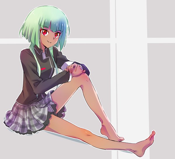 Anime-Bild 4000x3632 mit rwby rooster teeth emerald sustrai iesupa single long hair looking at viewer highres simple background smile red eyes sitting payot absurdres long sleeves barefoot green hair grey background bare legs legs