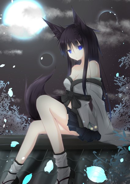 Anime picture 2508x3541 with original masa000010 single long hair tall image looking at viewer highres blue eyes light erotic black hair sitting animal ears cloud (clouds) bent knee (knees) tail traditional clothes japanese clothes animal tail pleated skirt night