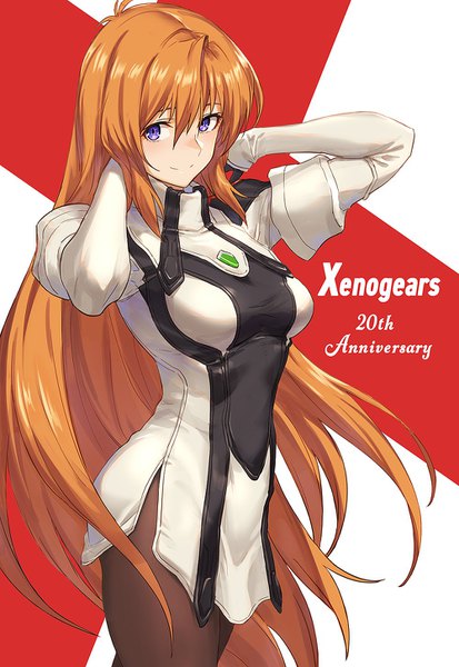 Anime picture 1000x1452 with xenogears elhaym van houten guchico single long hair tall image looking at viewer blush fringe breasts simple background smile hair between eyes standing white background purple eyes ahoge orange hair copyright name text