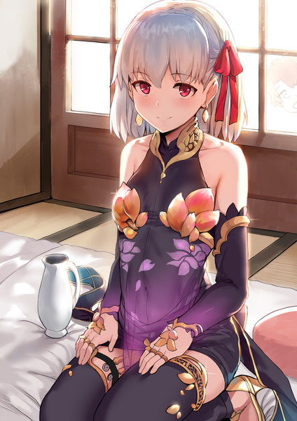 Anime picture 4134x5846 with fate (series) fate/grand order kama (fate) fujimaru ritsuka (male) hews tall image looking at viewer blush fringe highres short hair light erotic smile hair between eyes red eyes sitting bare shoulders absurdres silver hair indoors