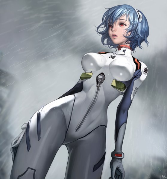 Anime picture 2300x2475 with neon genesis evangelion gainax ayanami rei g_o_91 single tall image fringe highres short hair breasts simple background red eyes signed blue hair looking away parted lips wet rain girl gloves