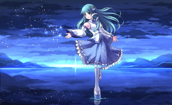 Anime picture 2062x1260 with touhou kochiya sanae risutaru single long hair highres open mouth wide image standing green eyes looking away sky cloud (clouds) full body outdoors traditional clothes japanese clothes green hair night night sky