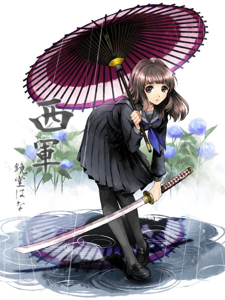 Anime picture 900x1200 with original tagme (artist) single long hair tall image looking at viewer fringe simple background brown hair white background holding brown eyes pleated skirt reflection rain girl skirt uniform flower (flowers) weapon