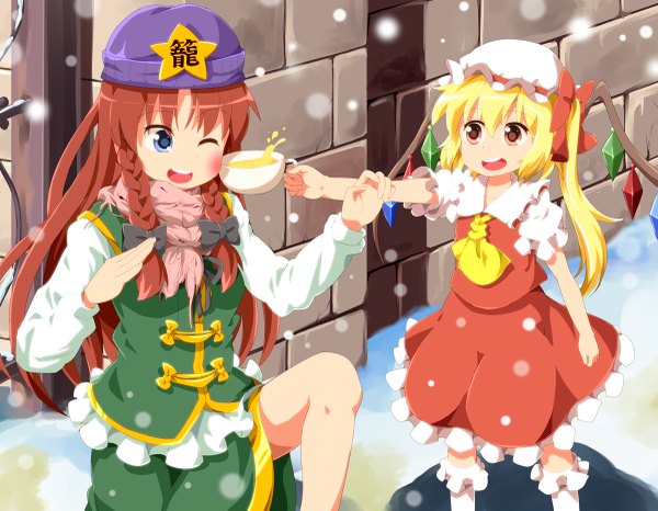 Anime picture 1200x933 with touhou flandre scarlet hong meiling ruu (tksymkw) long hair open mouth blue eyes blonde hair red eyes multiple girls red hair braid (braids) one eye closed wink loli twin braids one side up snowing winter snow