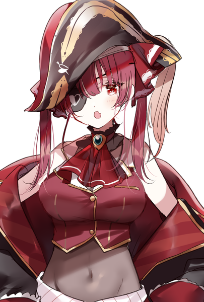 Anime picture 1350x2000 with virtual youtuber hololive houshou marine houshou marine (1st costume) sinsihukunokonaka single long hair tall image looking at viewer open mouth simple background red eyes white background twintails upper body red hair groin covered navel girl hat
