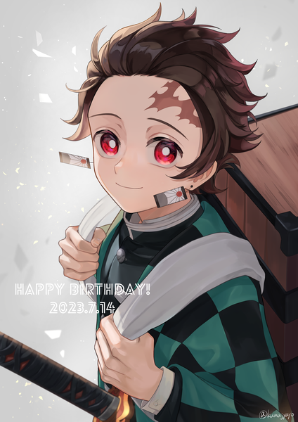 Anime picture 1447x2047 with kimetsu no yaiba ufotable kamado tanjirou kumajyayo single tall image looking at viewer short hair smile red eyes brown hair signed from above twitter username dated scar happy birthday boy weapon earrings