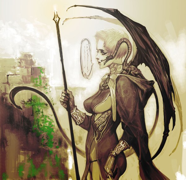 Anime picture 1300x1261 with original ikeda masateru single short hair breasts blonde hair large breasts standing yellow eyes warrior girl gloves plant (plants) cloak staff dragon wall