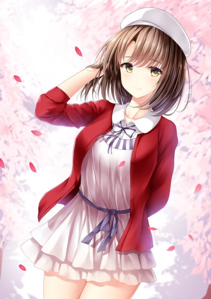 Anime picture 1131x1600 with saenai heroine no sodatekata a-1 pictures katou megumi wsman single tall image looking at viewer blush fringe short hair breasts smile hair between eyes yellow eyes outdoors wind open clothes dutch angle thighs cherry blossoms