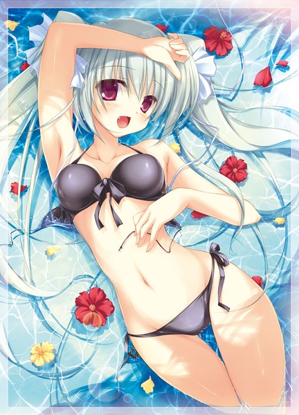 Anime picture 1295x1800 with original fujisaki rei single long hair tall image looking at viewer blush fringe breasts open mouth light erotic smile hair between eyes purple eyes twintails bare shoulders white hair lying :d arm up