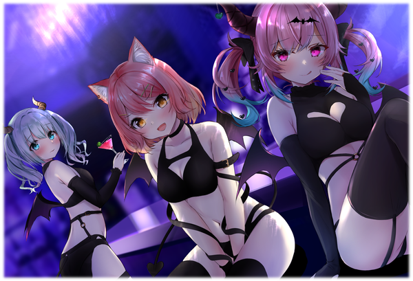 Anime picture 1416x965 with virtual youtuber indie virtual youtuber satou pote (vtuber) momoshiki (vtuber) suimya (vtuber) ex idol long hair blush short hair breasts open mouth blue eyes light erotic twintails multiple girls yellow eyes pink hair cleavage silver hair tail