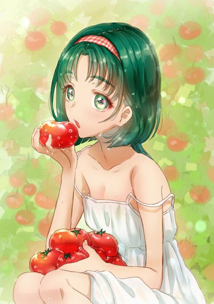 Anime picture 578x818 with precure yes! precure 5 toei animation akimoto komachi galibo single long hair tall image fringe short hair open mouth bare shoulders green eyes green hair wet sweat eyebrows squat girl dress