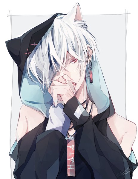 Anime picture 1486x1930 with original utkt single tall image looking at viewer fringe short hair open mouth simple background red eyes bare shoulders signed animal ears upper body white hair head tilt cat ears hair over one eye off shoulder grey background