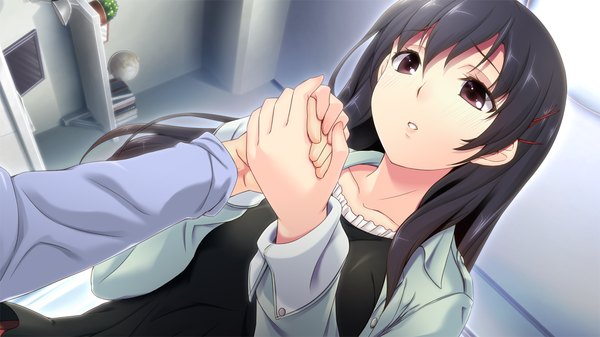 Anime picture 1280x720 with tsuisou no augment hinasaki you long hair black hair red eyes wide image game cg holding hands girl dress