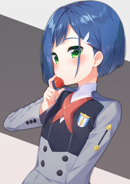 Anime picture 1254x1771 with darling in the franxx studio trigger ichigo (darling in the franxx) tofu1601 single tall image looking at viewer blush short hair green eyes blue hair upper body flat chest covered mouth military girl uniform food hairclip military uniform