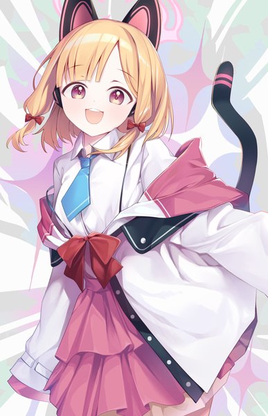 Anime picture 2642x4093 with blue archive momoi (blue archive) netisz single tall image looking at viewer highres short hair open mouth blonde hair animal ears tail :d animal tail pink eyes cat ears off shoulder cat tail fake animal ears tress ribbon