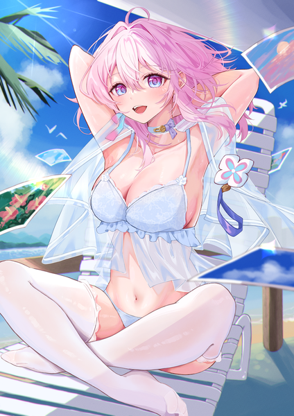 Anime picture 800x1131 with honkai: star rail honkai (series) march 7th (honkai: star rail) minausa single tall image fringe short hair breasts open mouth light erotic hair between eyes large breasts sitting pink hair sky cloud (clouds) outdoors :d wind
