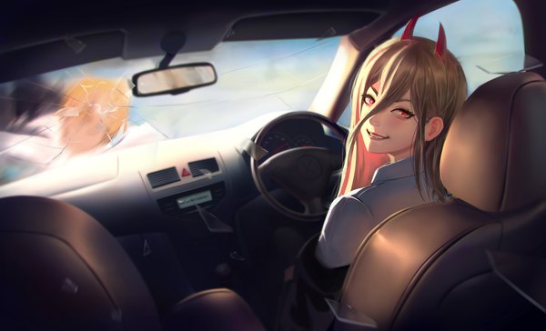 Anime picture 6485x3935 with chainsaw man mappa power (chainsaw man) mattikarp single long hair looking at viewer blush fringe highres blonde hair smile hair between eyes red eyes wide image sitting absurdres upper body looking back horn (horns)