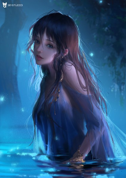 Anime picture 1080x1528 with original q3qstudio single long hair tall image looking at viewer fringe blue eyes brown hair bare shoulders signed upper body outdoors parted lips realistic partially submerged girl water bracelet