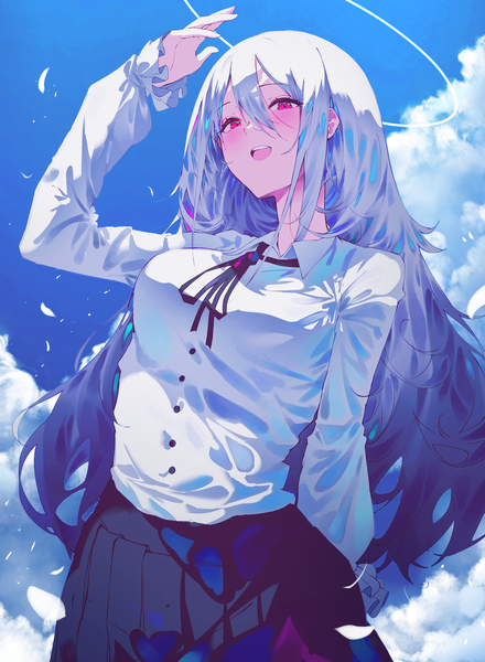 Anime picture 2200x3000 with original w (w64851564) single long hair tall image fringe highres open mouth hair between eyes red eyes looking away sky silver hair cloud (clouds) :d pleated skirt arm up girl skirt shirt