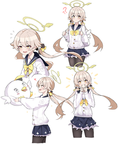 Anime picture 4343x5255 with blue archive hifumi (blue archive) peroro (blue archive) naseul 777 long hair tall image highres open mouth simple background blonde hair standing white background twintails yellow eyes absurdres :d profile low twintails multiview flying sweatdrops