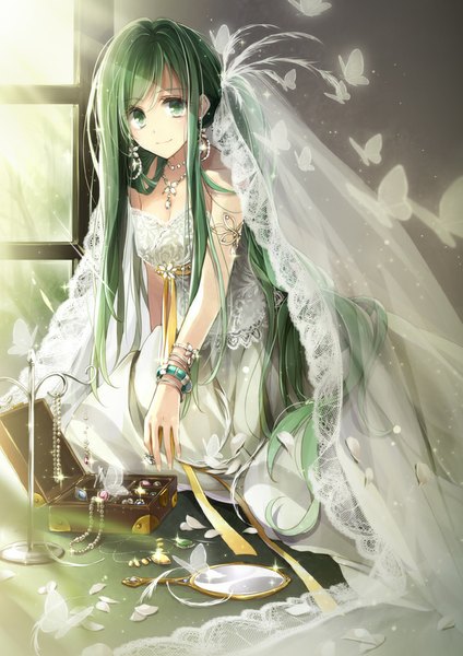 Anime picture 707x1000 with original hagiwara rin single long hair tall image looking at viewer green eyes green hair girl dress bracelet insect butterfly jewelry mirror